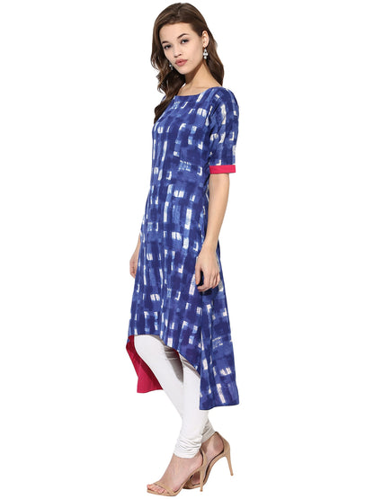 Women's Blue Color Short Sleeve And Boat Neck Cotton Only Kurti