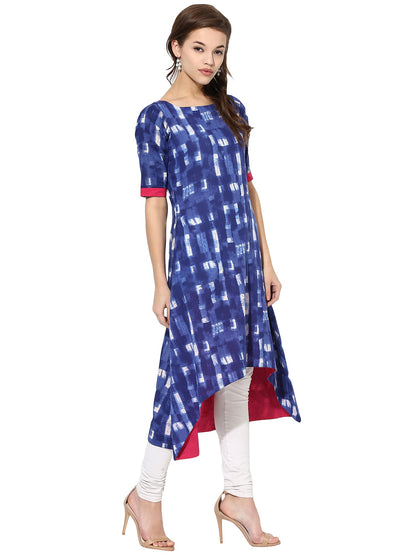 Women's Blue Color Short Sleeve And Boat Neck Cotton Only Kurti