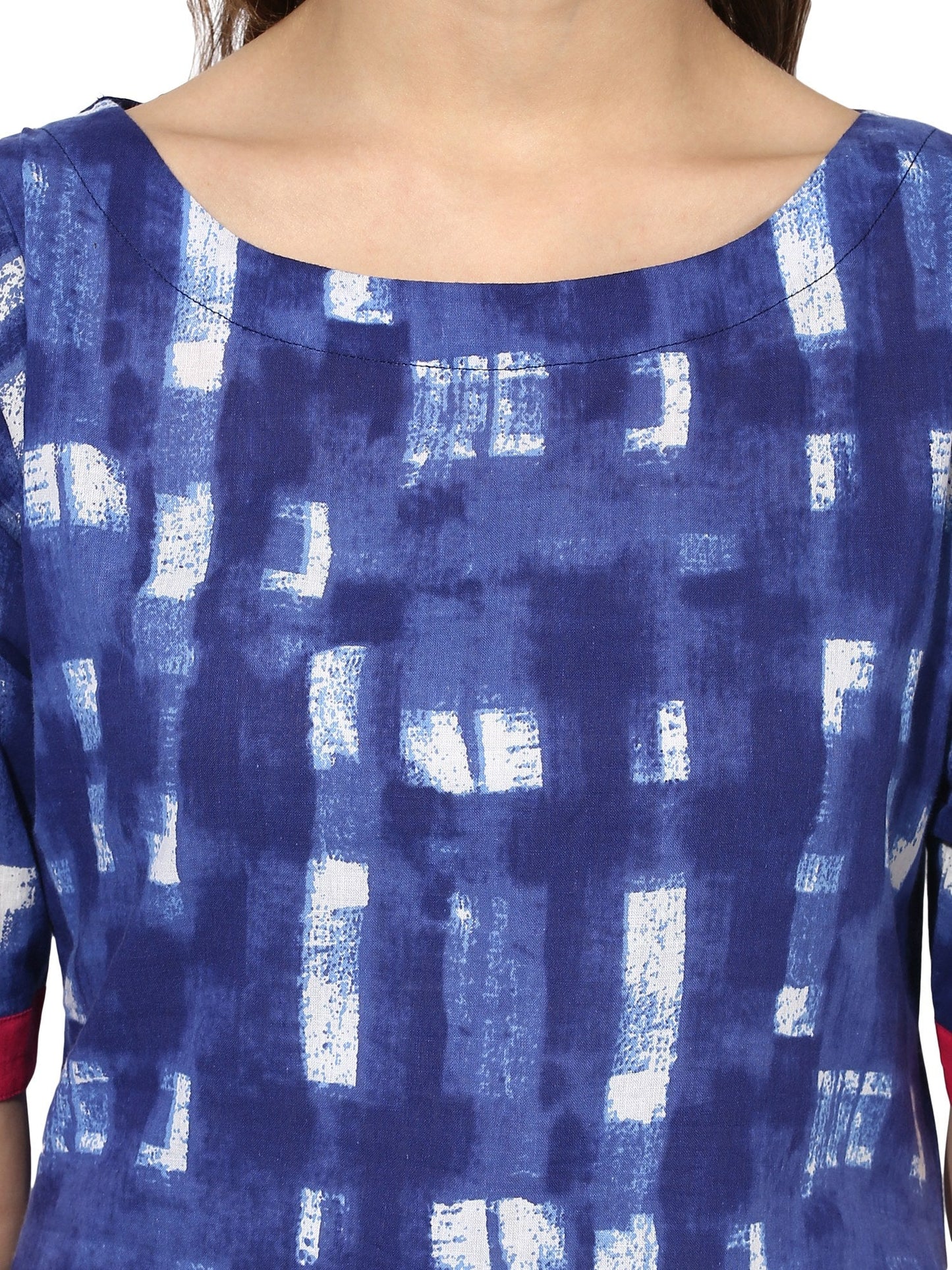 Women's Blue Color Short Sleeve And Boat Neck Cotton Only Kurti