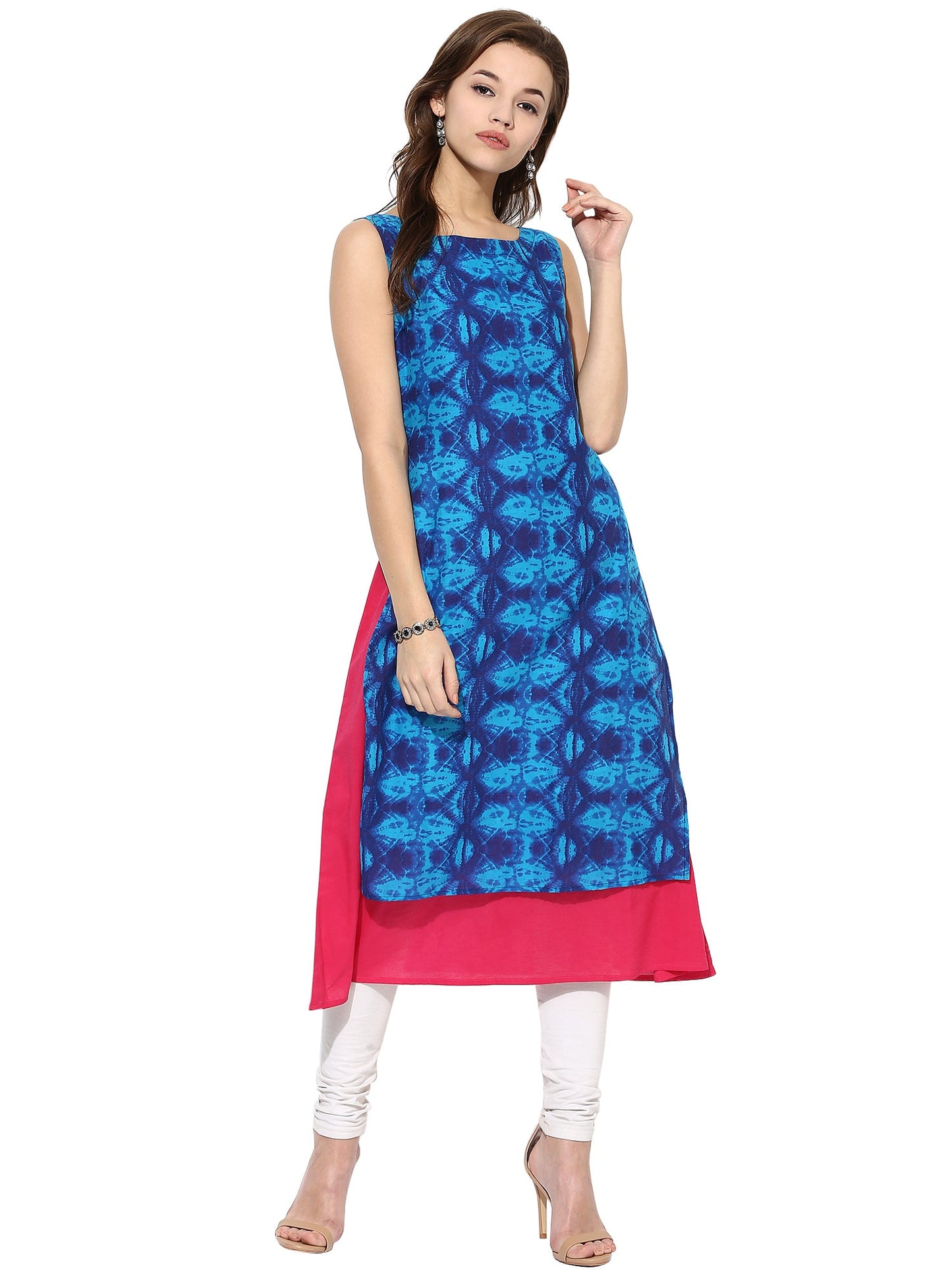Women's Blue Color Sleeveless And Boat Neck Cotton Only Kurti