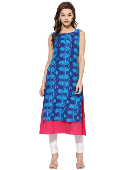 Women's Blue Color Sleeveless And Boat Neck Cotton Only Kurti