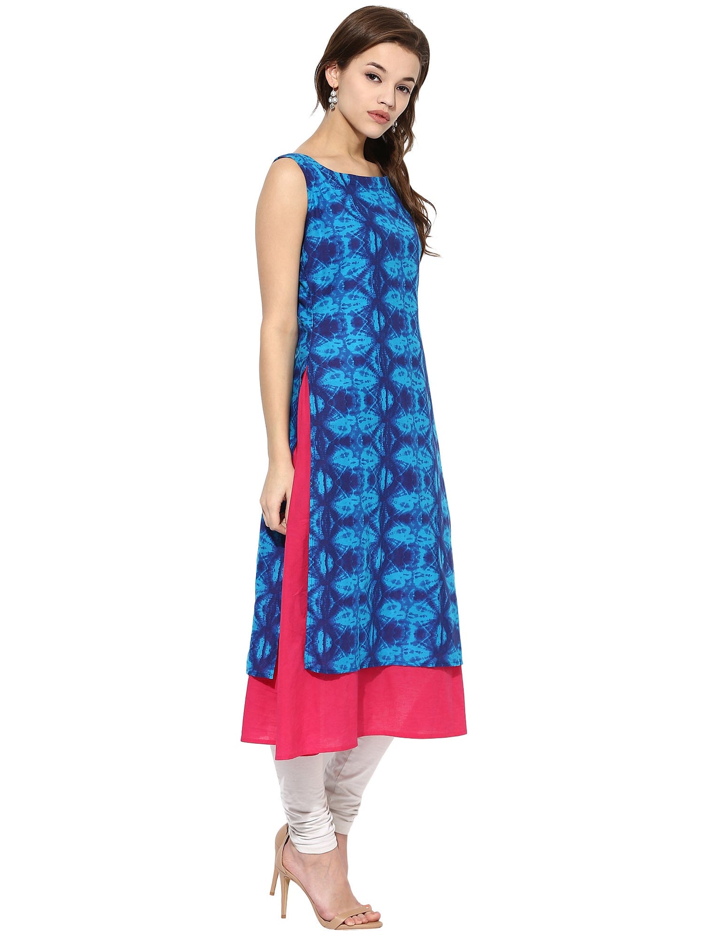 Women's Blue Color Sleeveless And Boat Neck Cotton Only Kurti