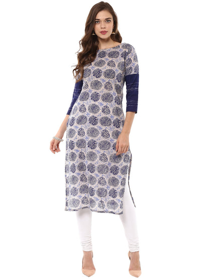 Women's Indigo & Beige Hand Printed Cotton Only Kurta