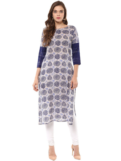 Women's Indigo & Beige Hand Printed Cotton Only Kurta
