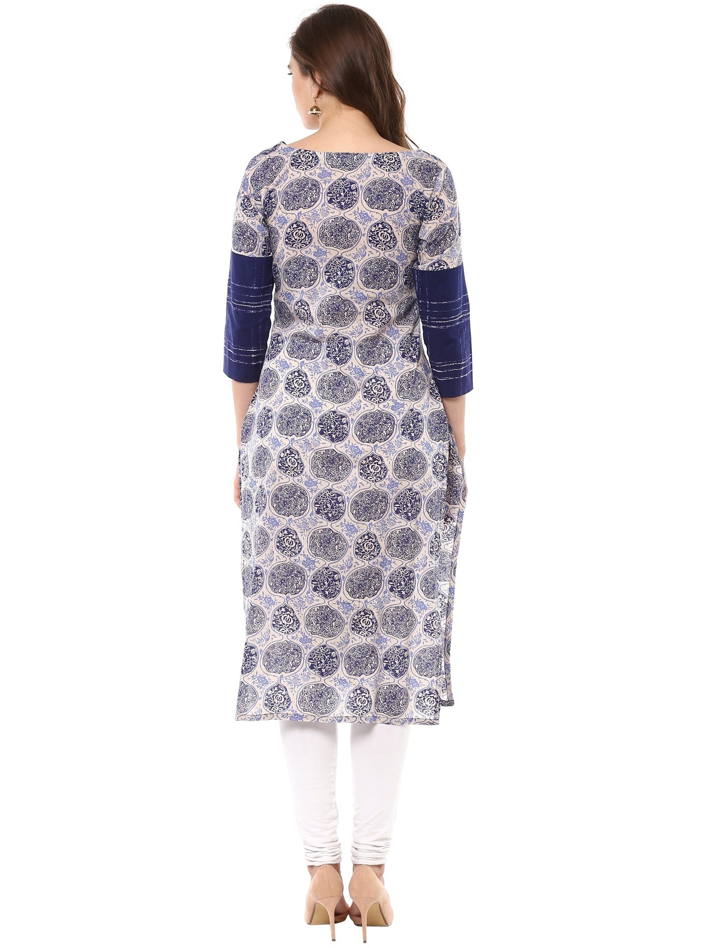Women's Indigo & Beige Hand Printed Cotton Only Kurta