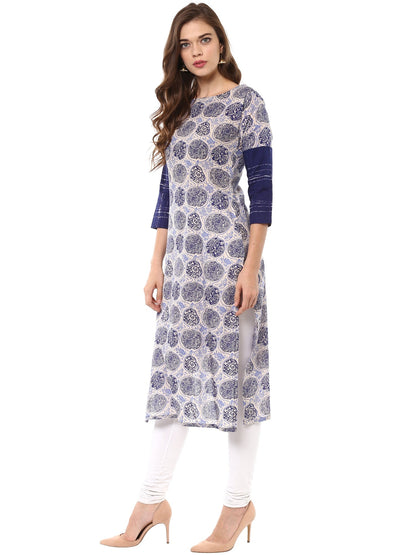 Women's Indigo & Beige Hand Printed Cotton Only Kurta