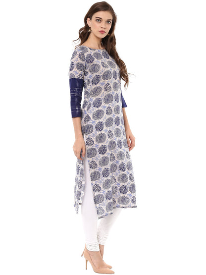 Women's Indigo & Beige Hand Printed Cotton Only Kurta
