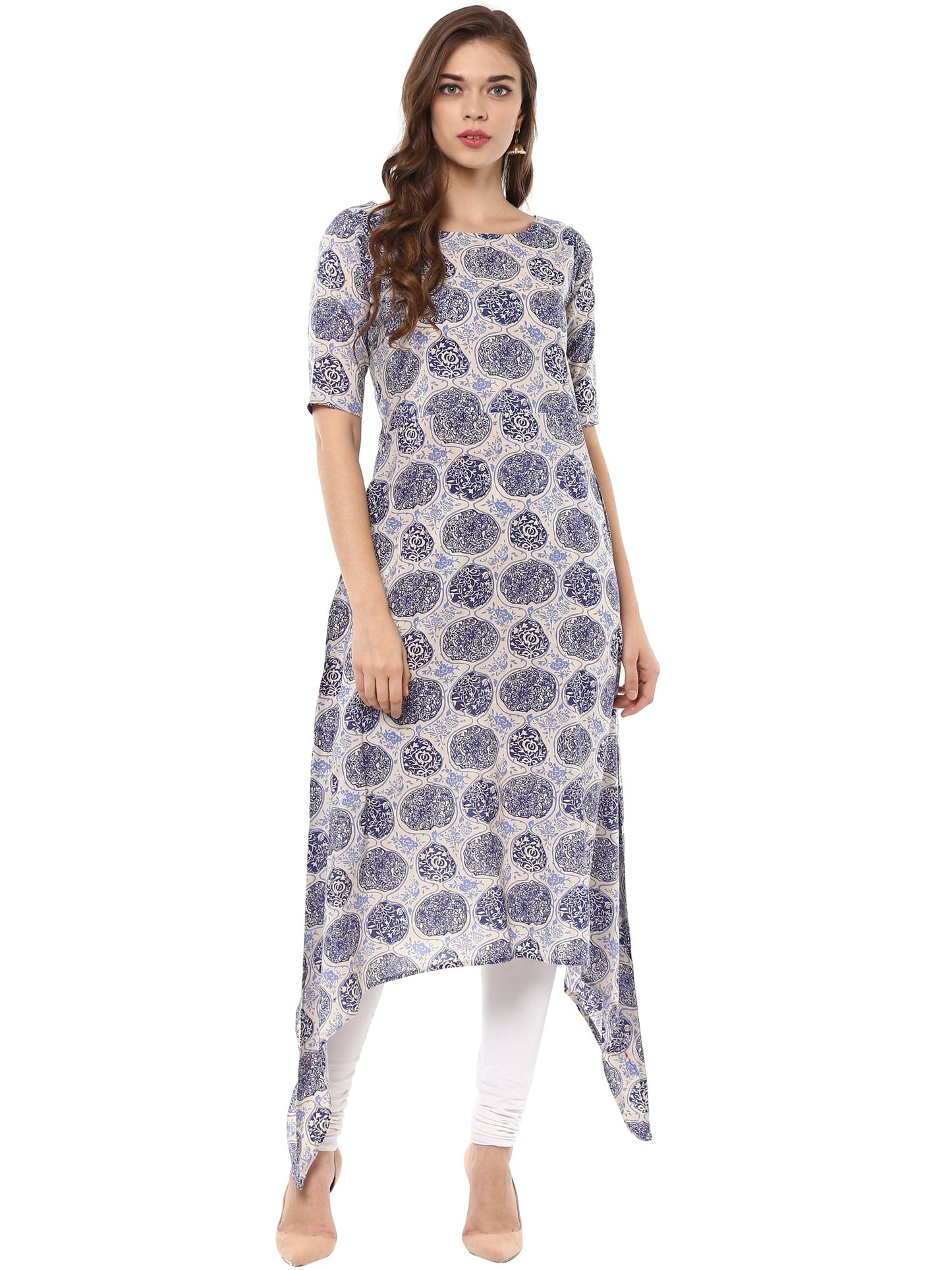 Women's Indigo Beige Assymetrical Cotton Only Kurta Dress