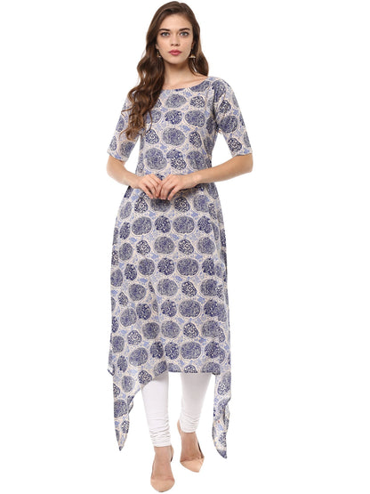 Women's Indigo Beige Assymetrical Cotton Only Kurta Dress