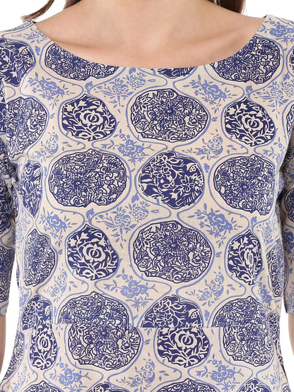 Women's Indigo Beige Assymetrical Cotton Only Kurta Dress