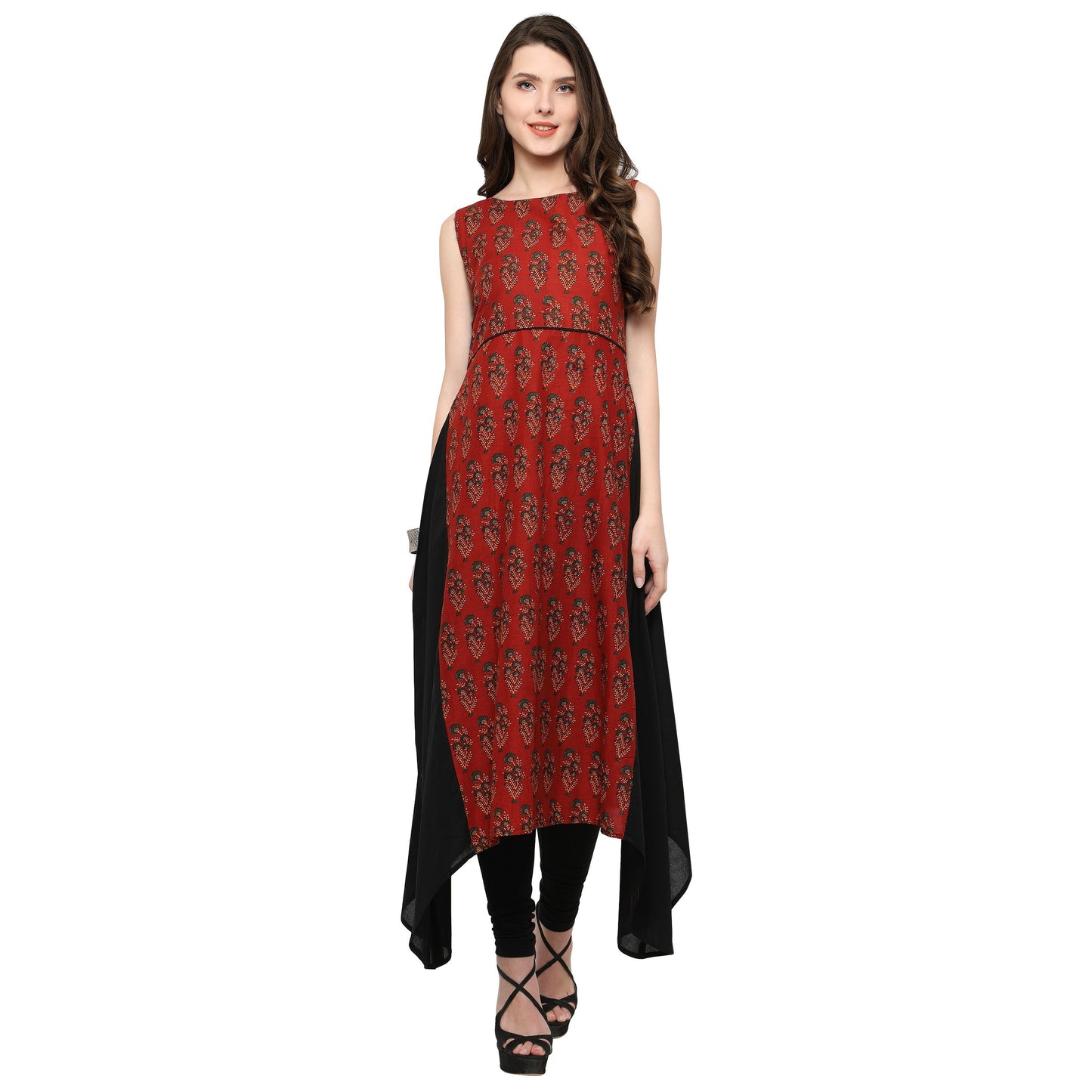Women's Black & Maroon Hand Printed Cotton Only Kurta