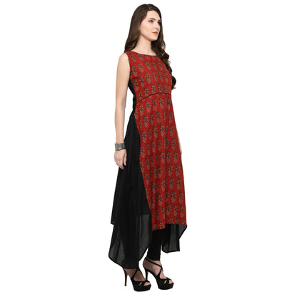 Women's Black & Maroon Hand Printed Cotton Only Kurta
