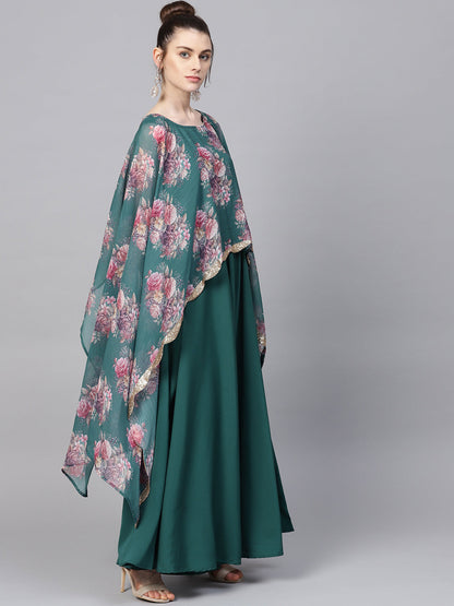 Women's Crepe Green Digital Printed Maxi Dres