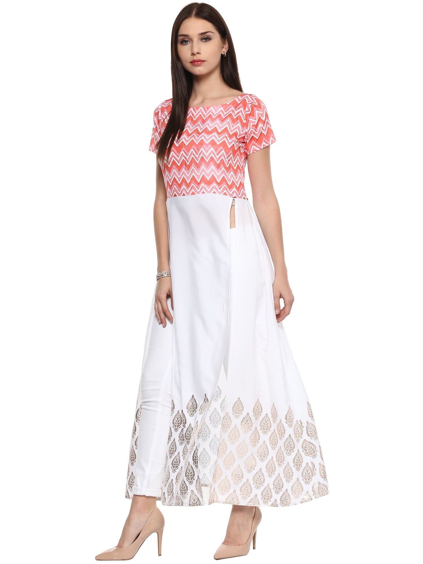 Women's Pink & White Only Kurti Gown Indo Western Top