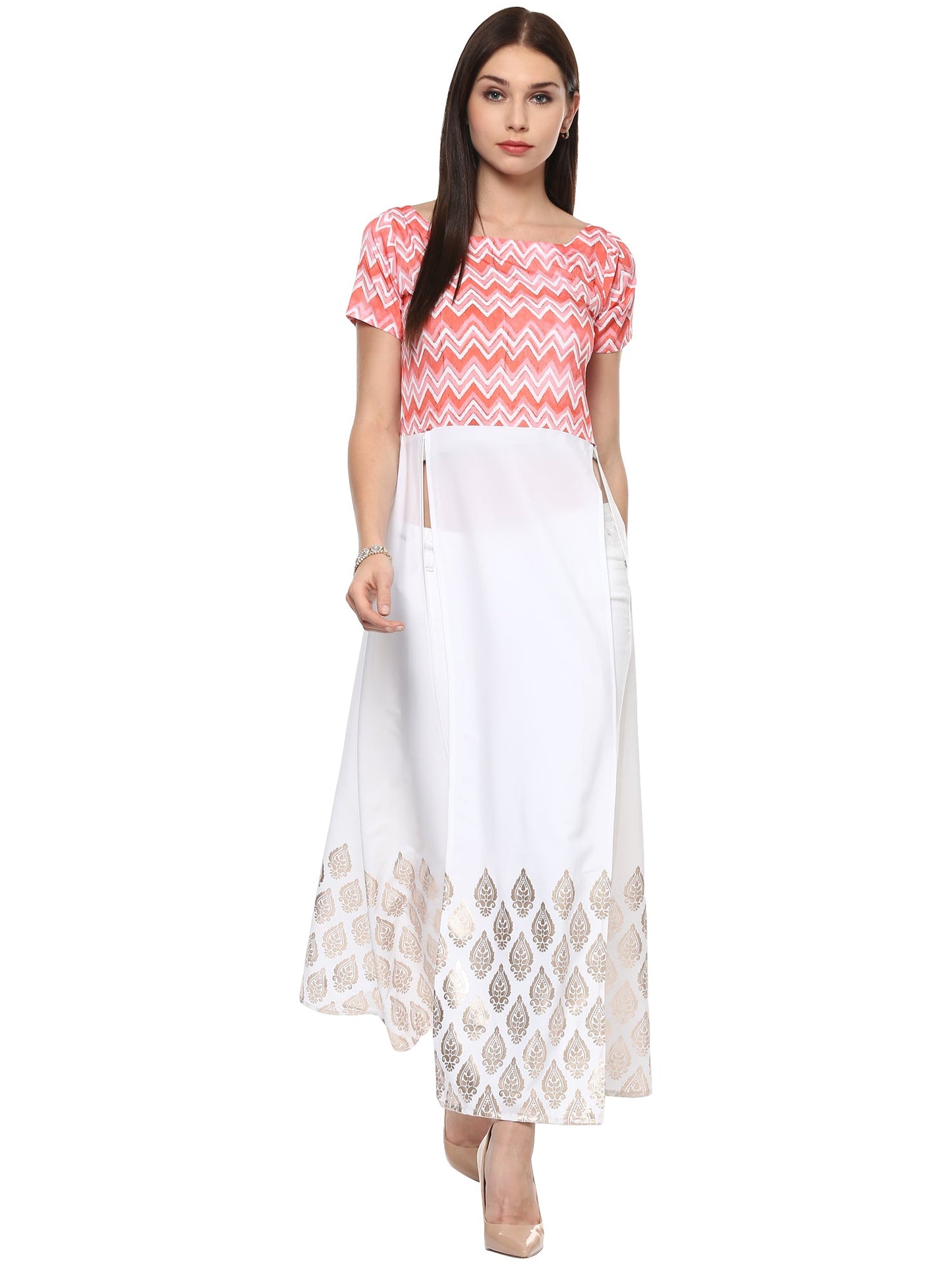 Women's Pink & White Only Kurti Gown Indo Western Top