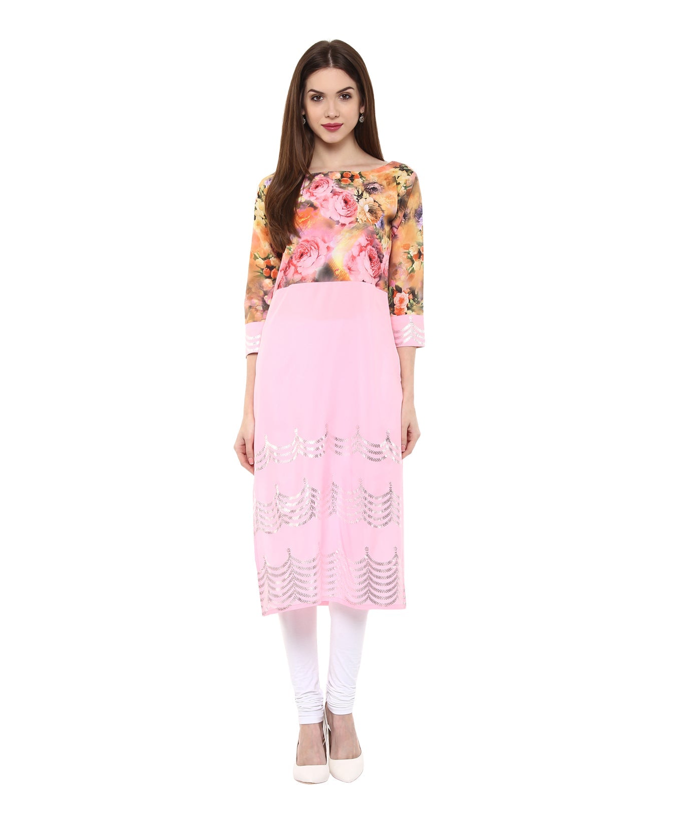 Women's Pink Floral And Metallic Printed Partywear Only Kurti