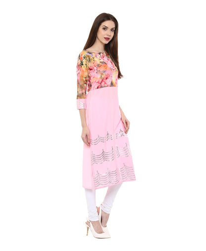 Women's Pink Floral And Metallic Printed Partywear Only Kurti