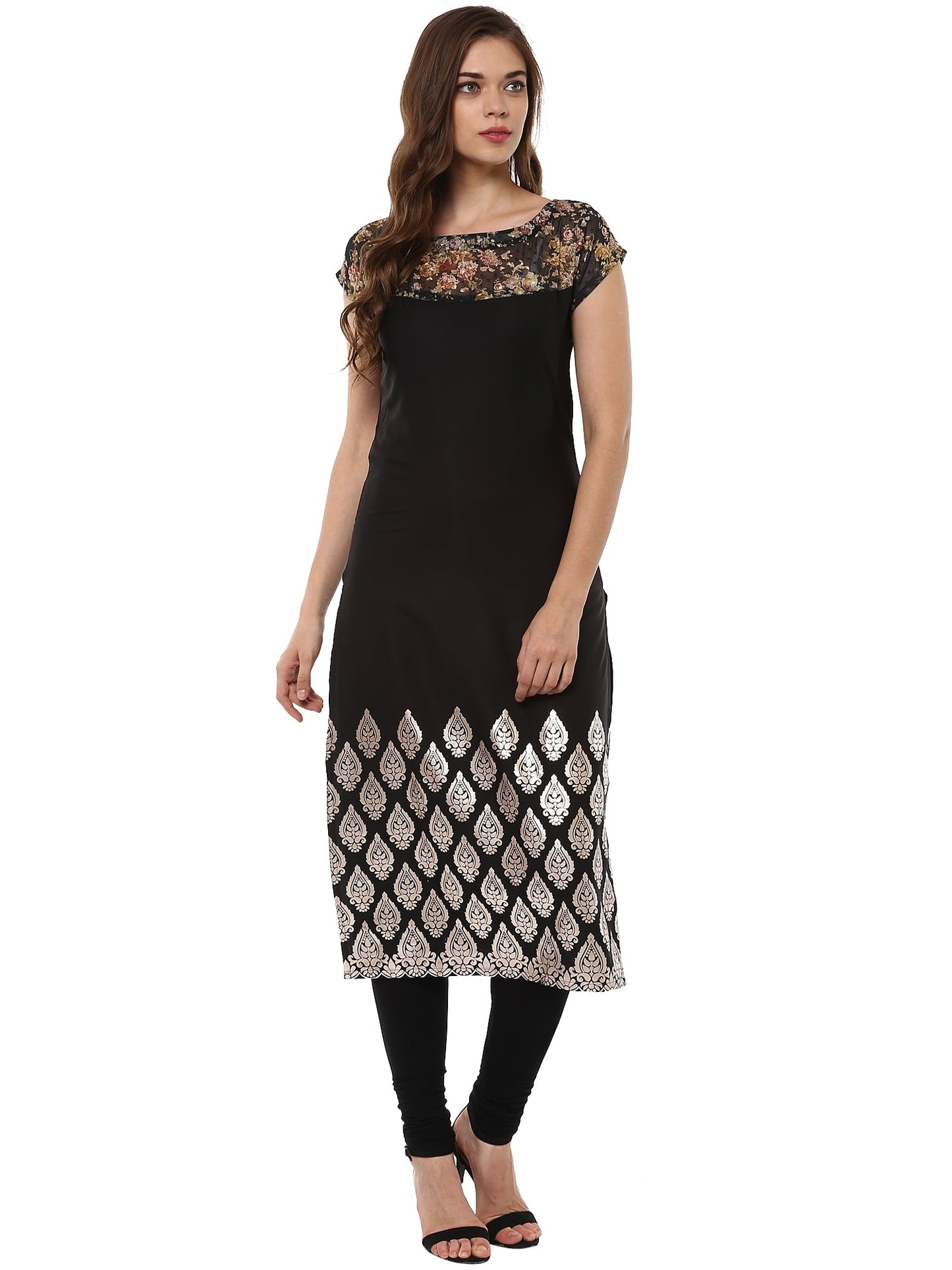Women's Black Metallic And Digital Floral Print Party Wear Only Kurta