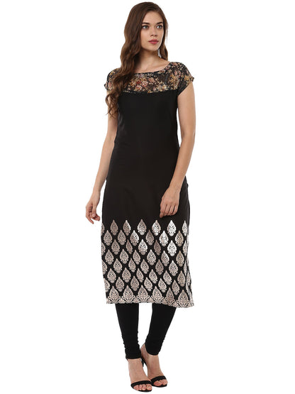 Women's Black Metallic And Digital Floral Print Party Wear Only Kurta