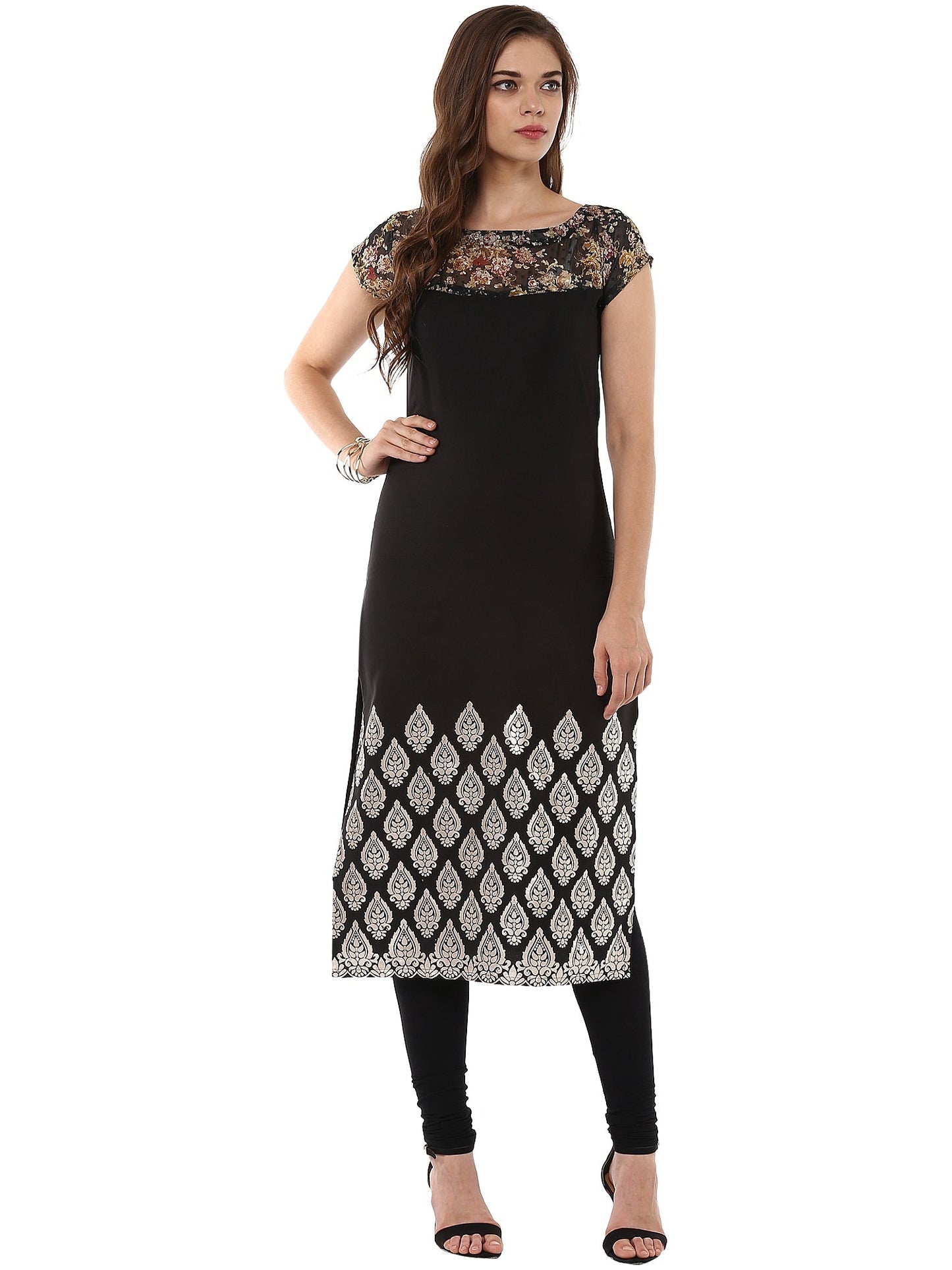 Women's Black Metallic And Digital Floral Print Party Wear Only Kurta