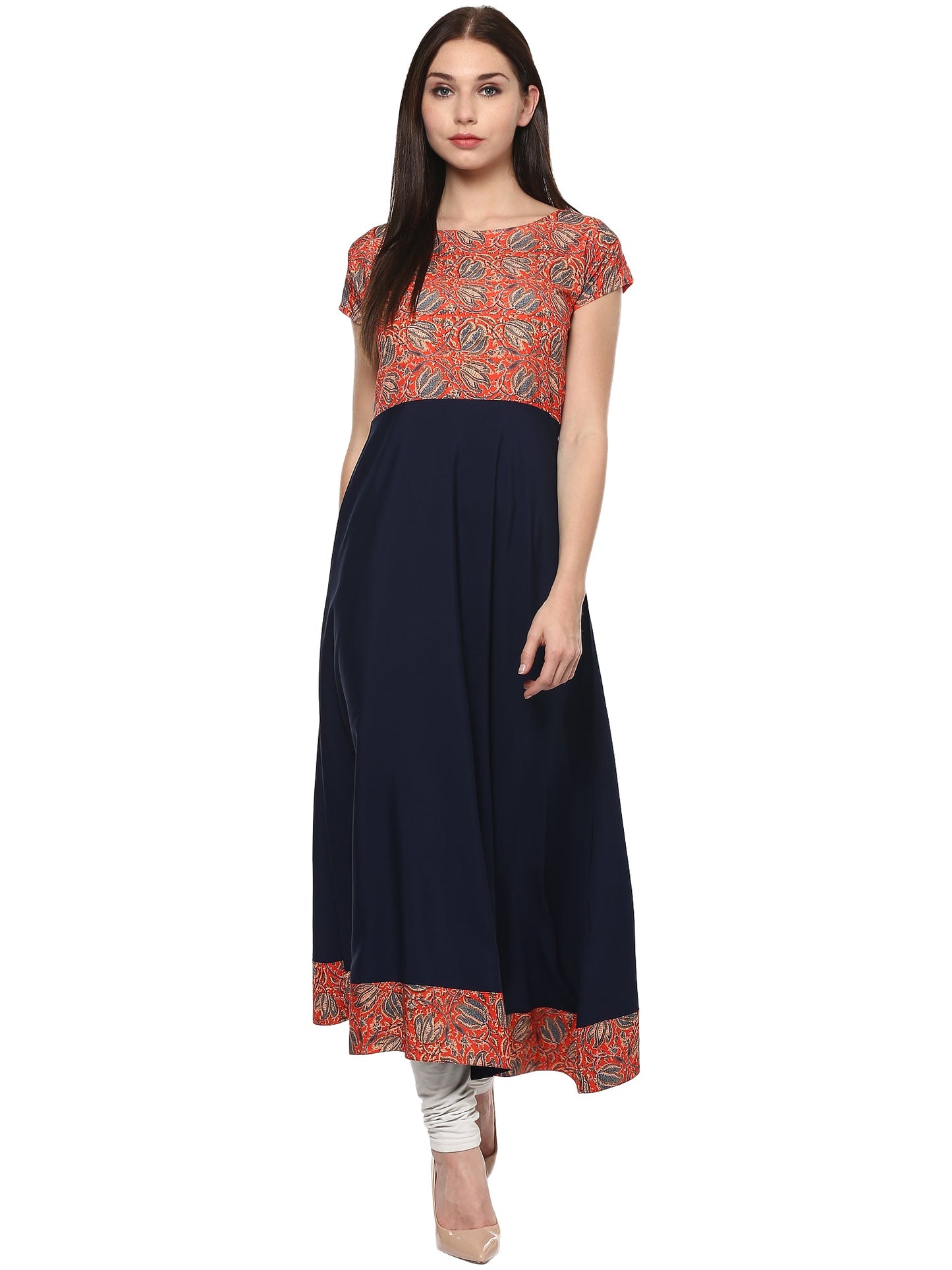 Women's Red & Navy A-Line Faux Crepe Only Kurti