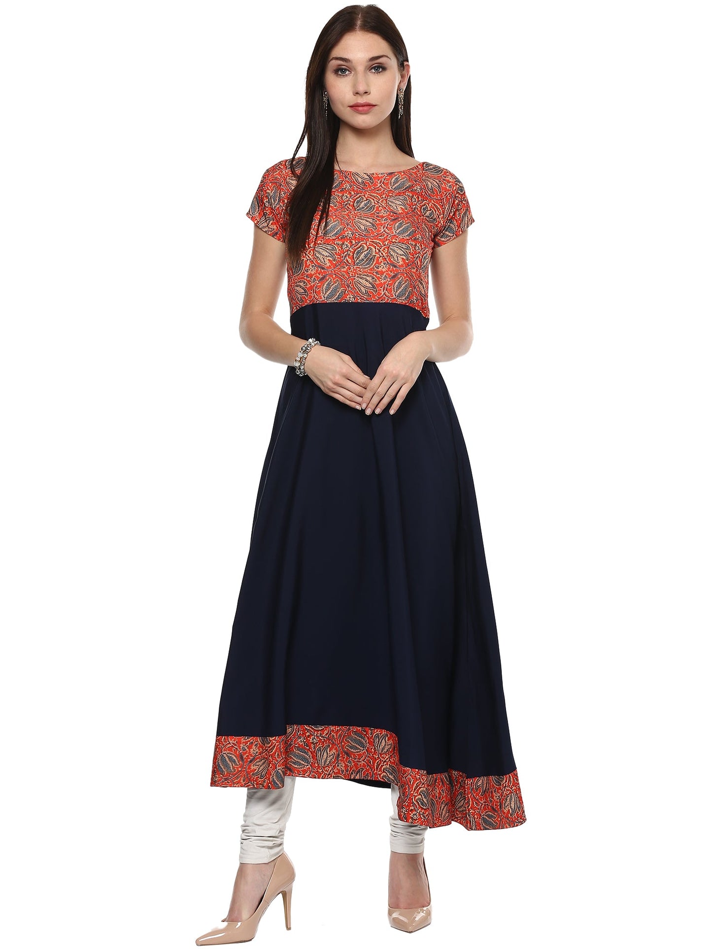Women's Red & Navy A-Line Faux Crepe Only Kurti