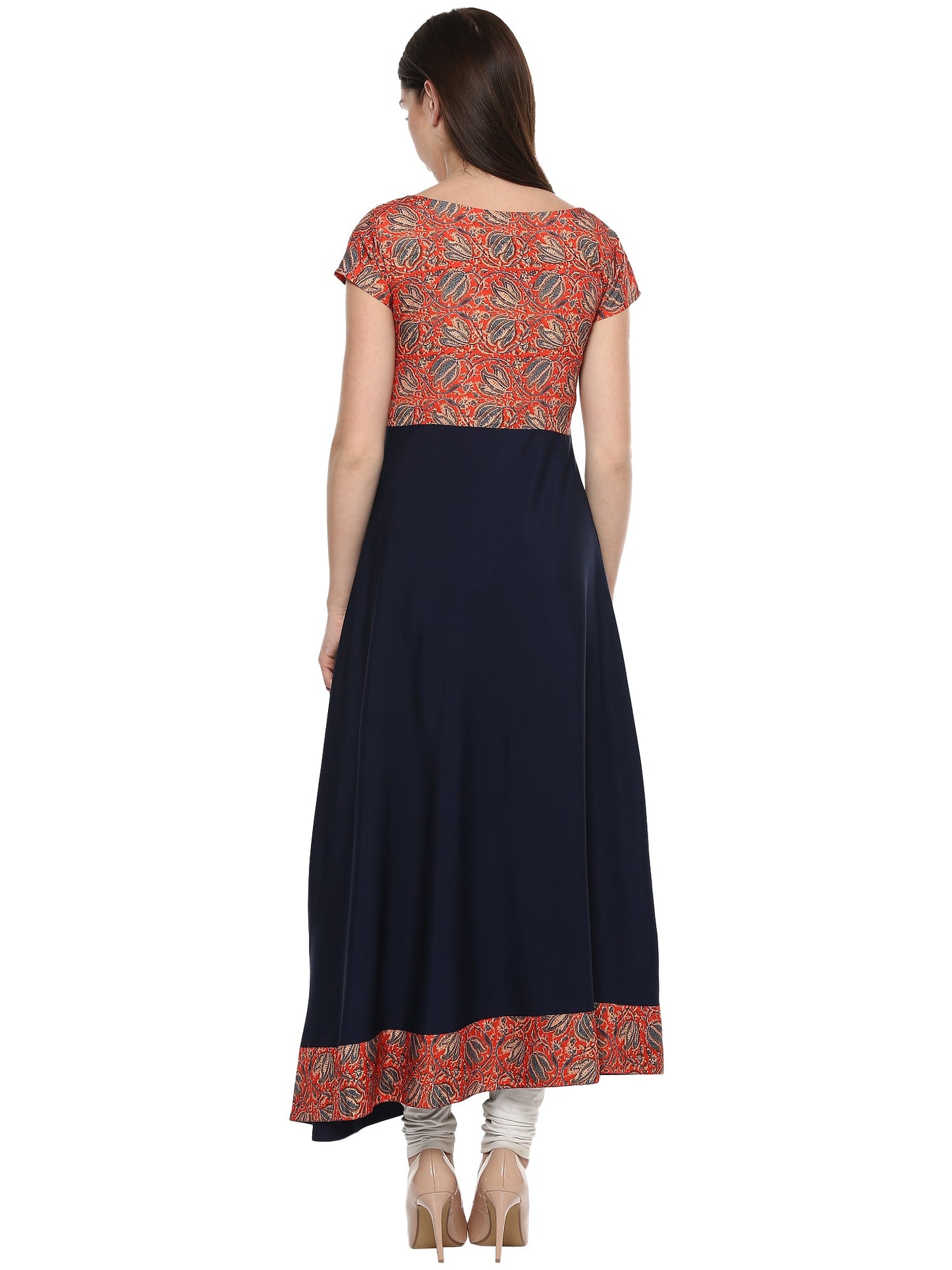 Women's Red & Navy A-Line Faux Crepe Only Kurti
