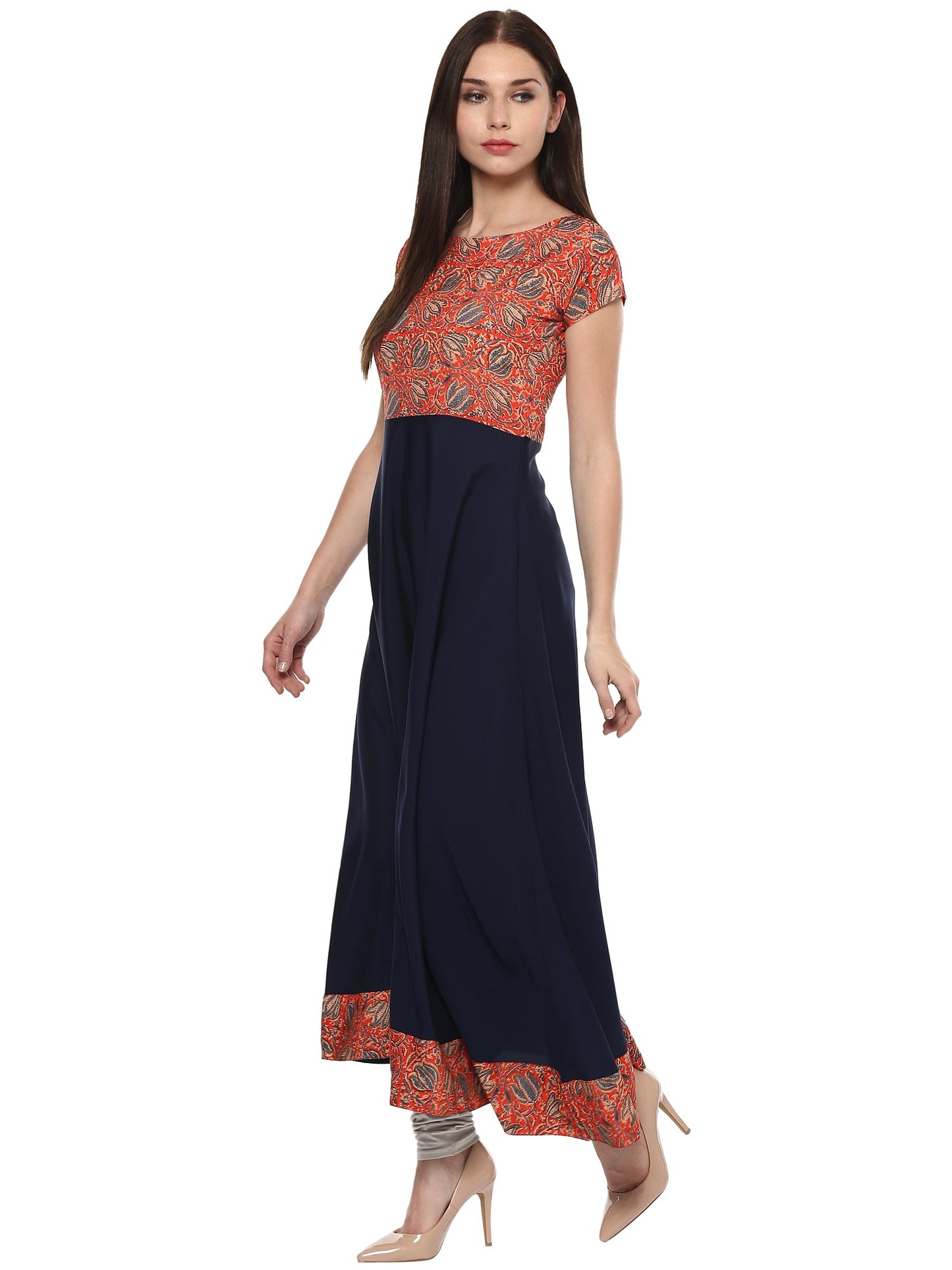 Women's Red & Navy A-Line Faux Crepe Only Kurti