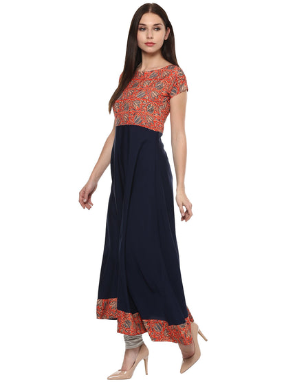 Women's Red & Navy A-Line Faux Crepe Only Kurti