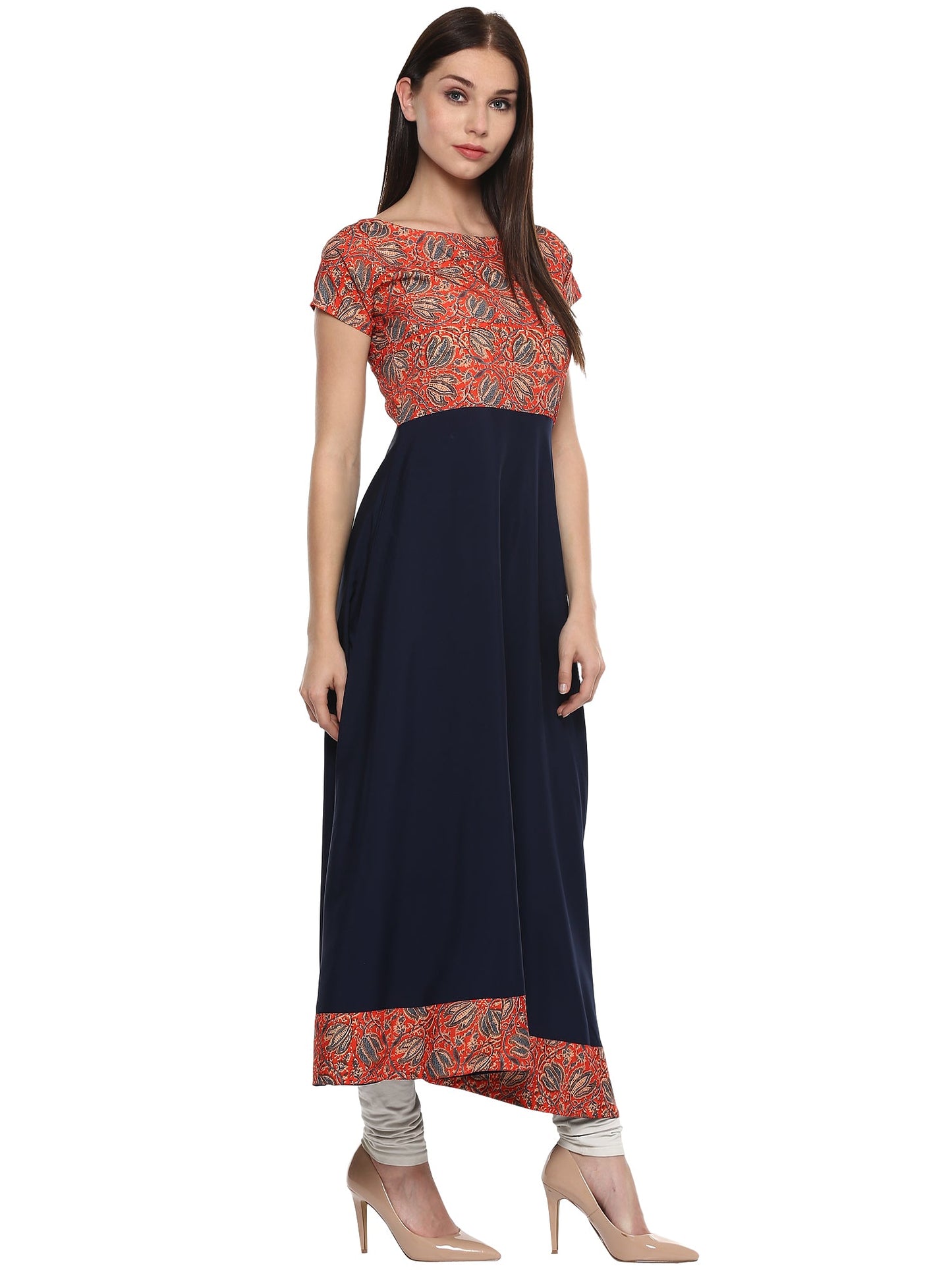 Women's Red & Navy A-Line Faux Crepe Only Kurti