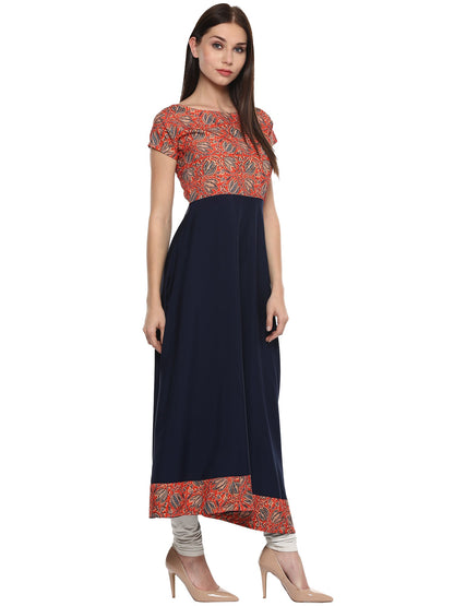 Women's Red & Navy A-Line Faux Crepe Only Kurti