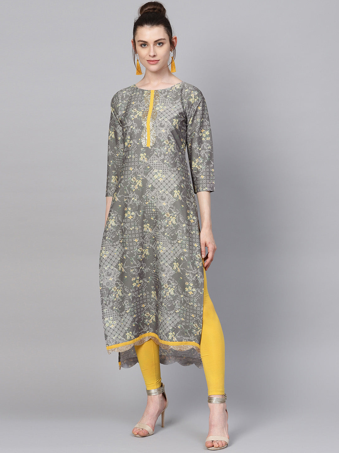 Women's Grey & Yellow Print Straight Only Kurta