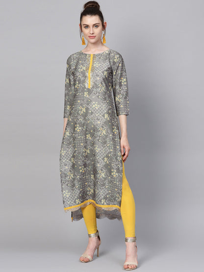 Women's Grey & Yellow Print Straight Only Kurta
