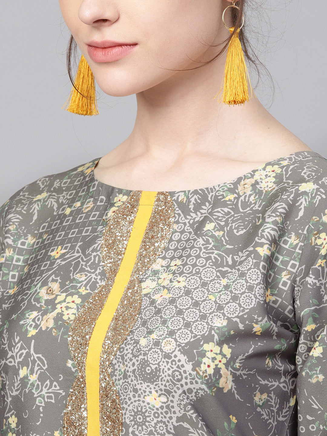 Women's Grey & Yellow Print Straight Only Kurta
