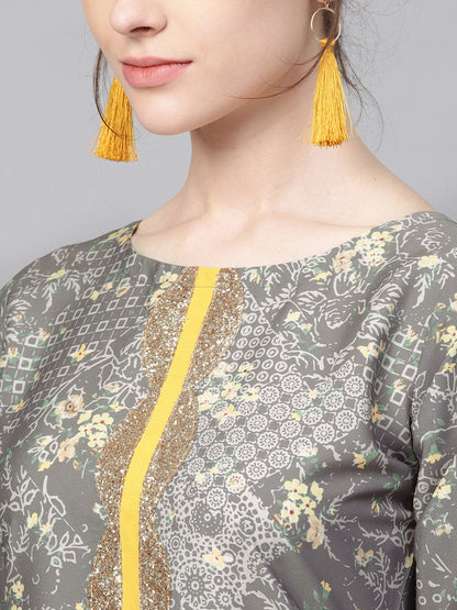 Women's Grey & Yellow Print Straight Only Kurta