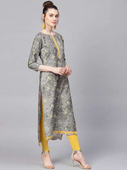 Women's Grey & Yellow Print Straight Only Kurta