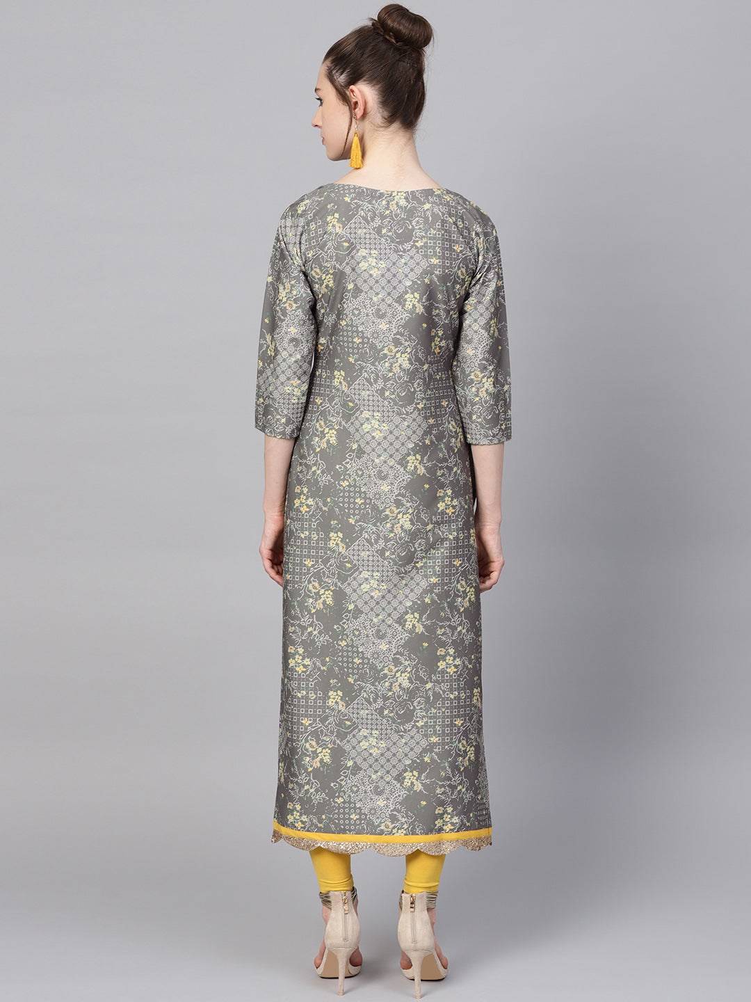 Women's Grey & Yellow Print Straight Only Kurta