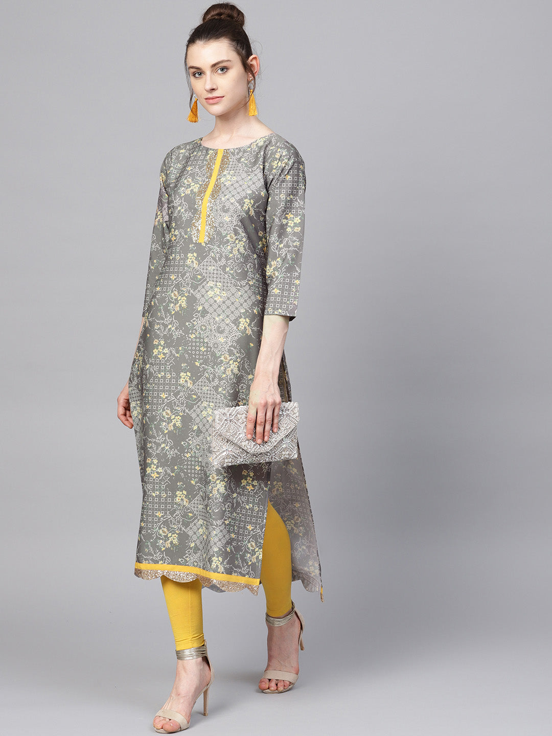 Women's Grey & Yellow Print Straight Only Kurta