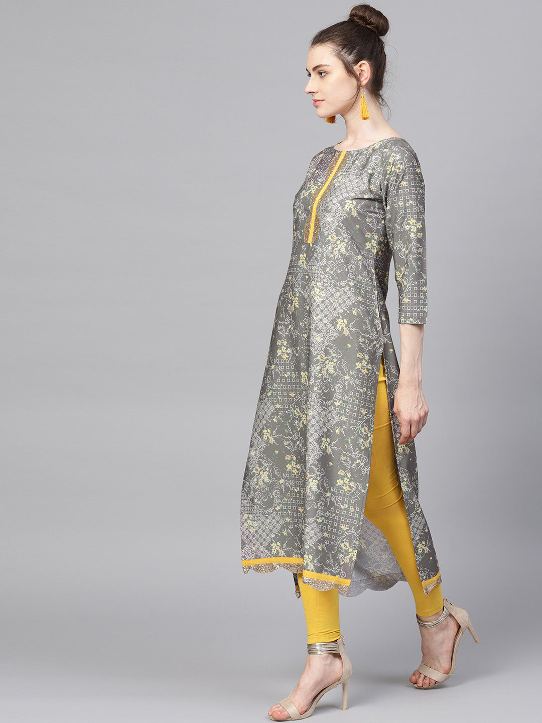 Women's Grey & Yellow Print Straight Only Kurta