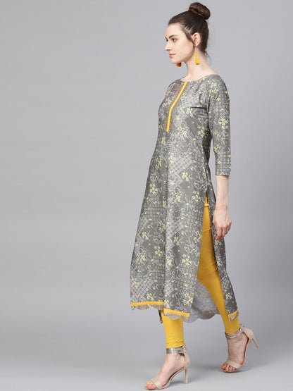 Women's Grey & Yellow Print Straight Only Kurta