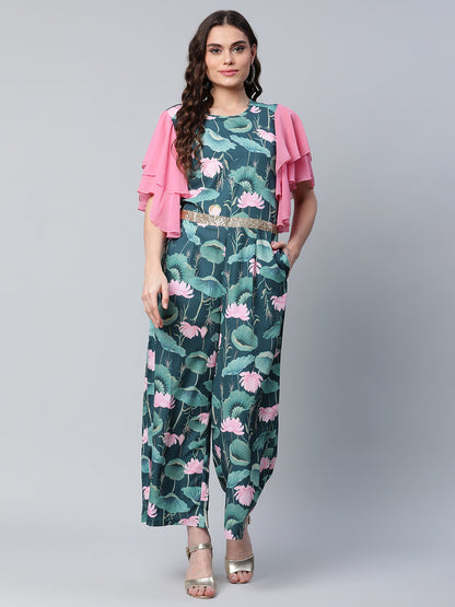 Women's Dark Green Crepe Printed Jumpsuit