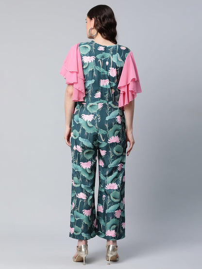 Women's Dark Green Crepe Printed Jumpsuit