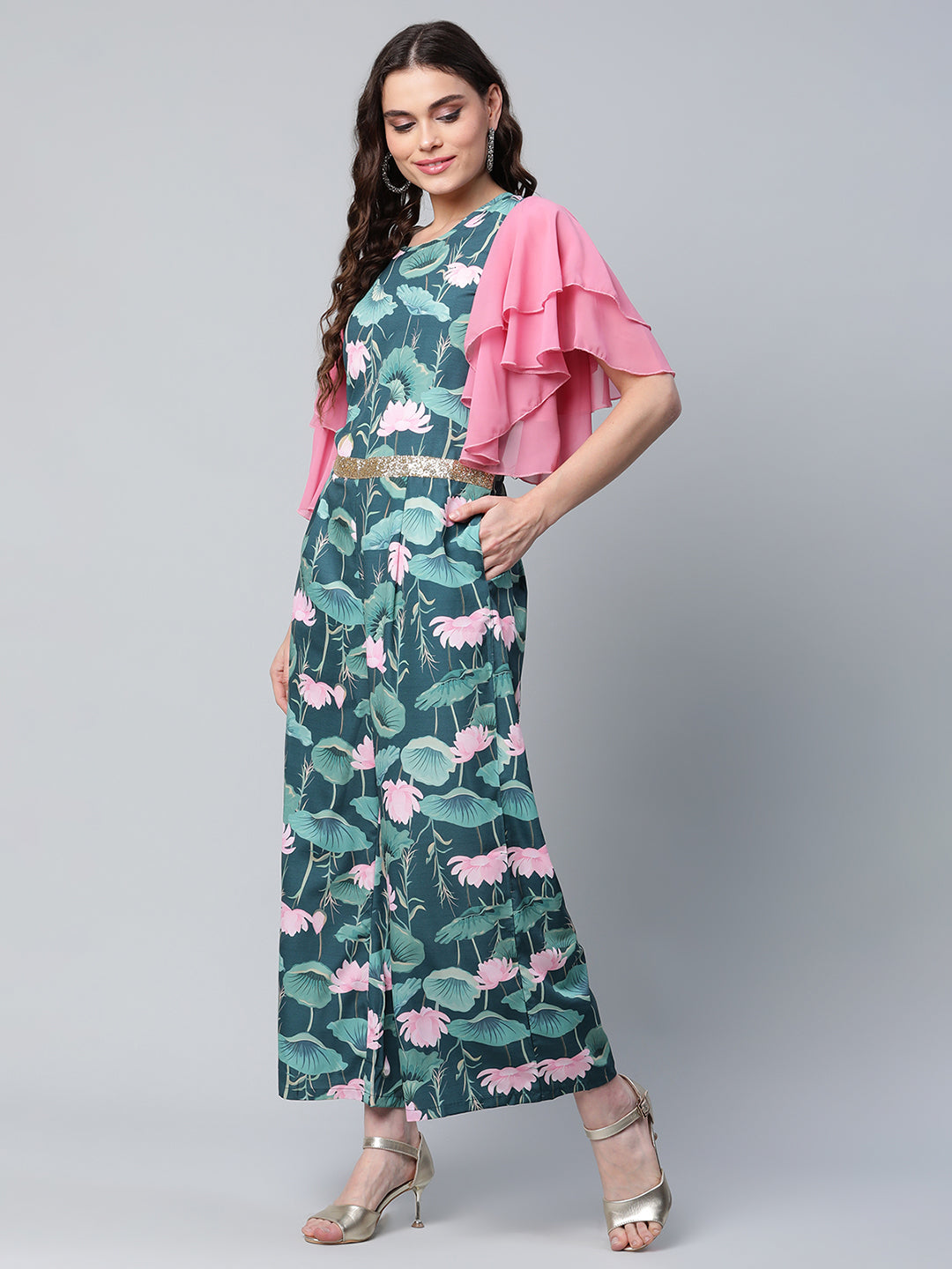 Women's Dark Green Crepe Printed Jumpsuit