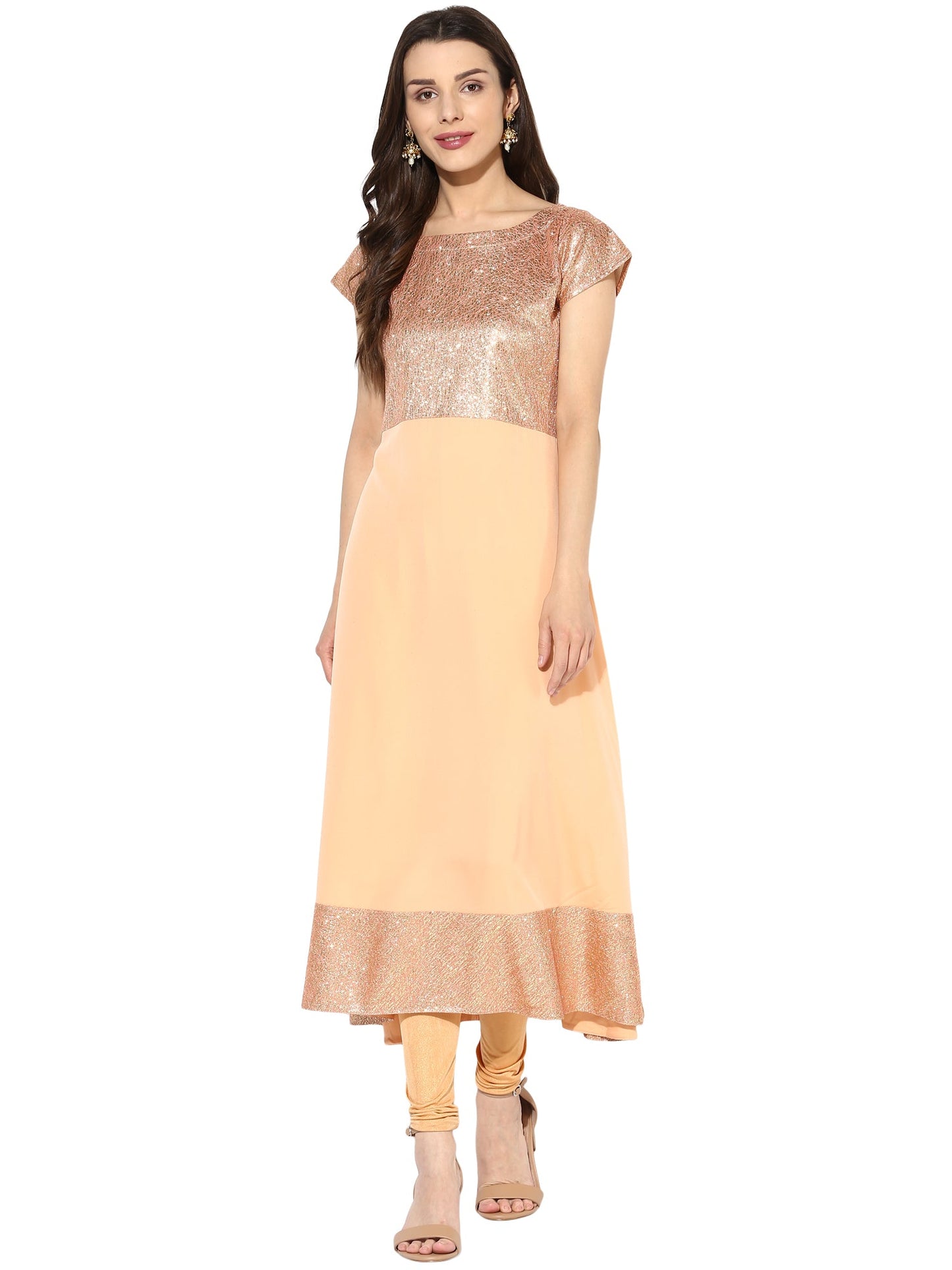 Women's Peach Partywear Faux Crepe Anarkali Kurta Only