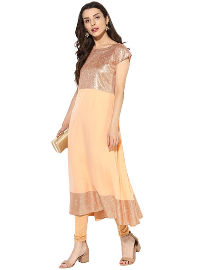 Women's Peach Partywear Faux Crepe Anarkali Kurta Only