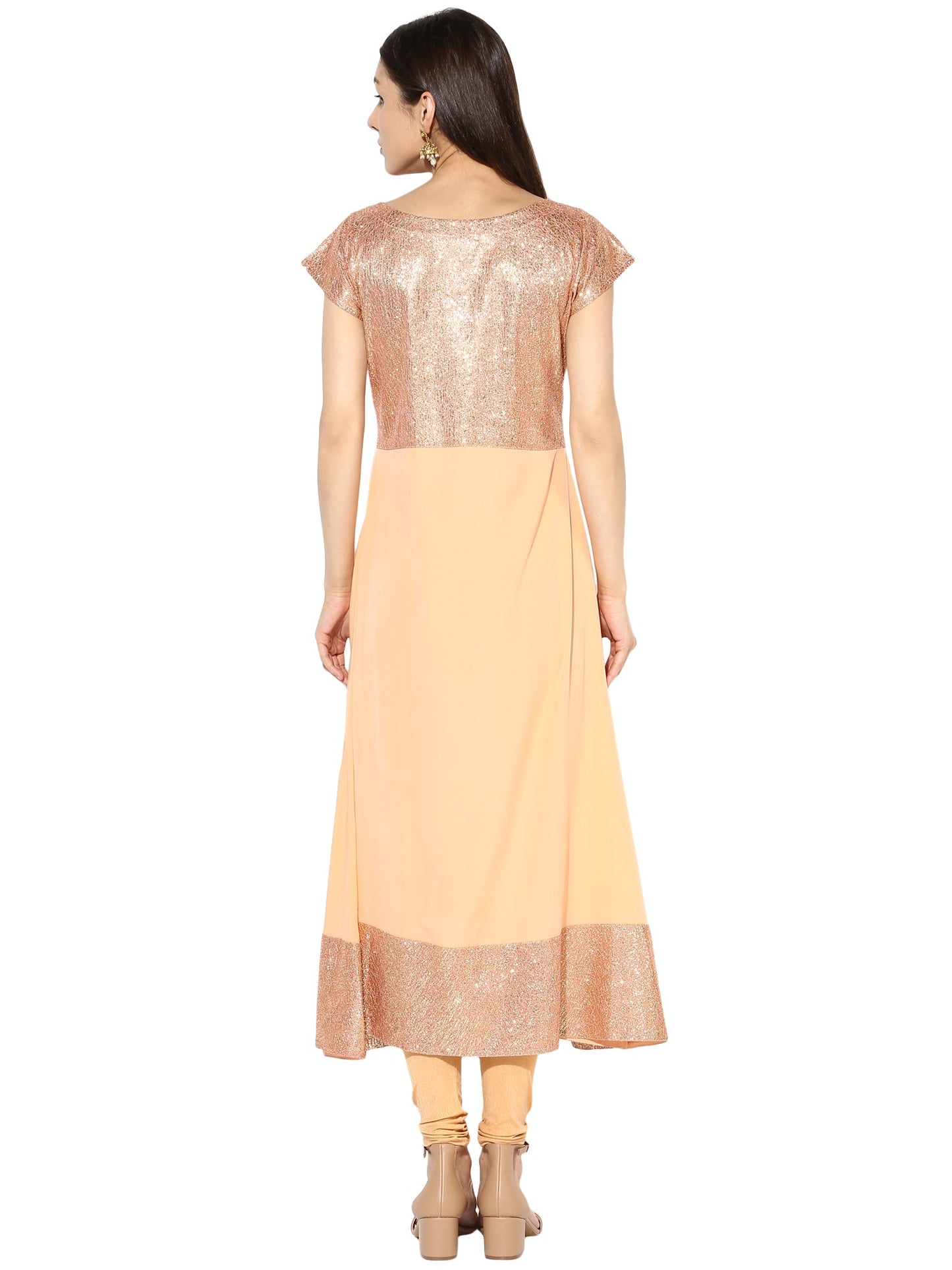 Women's Peach Partywear Faux Crepe Anarkali Kurta Only