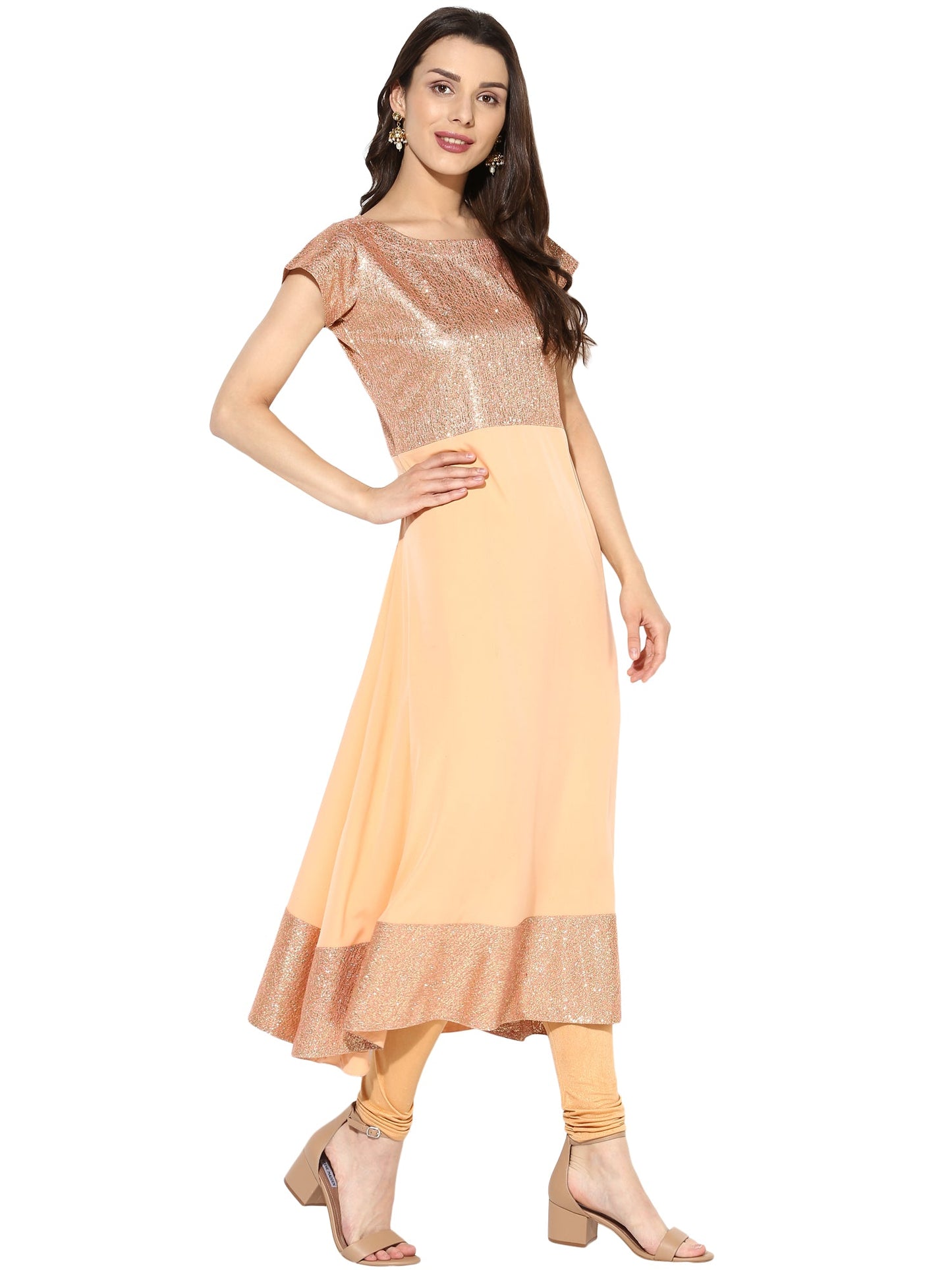 Women's Peach Partywear Faux Crepe Anarkali Kurta Only