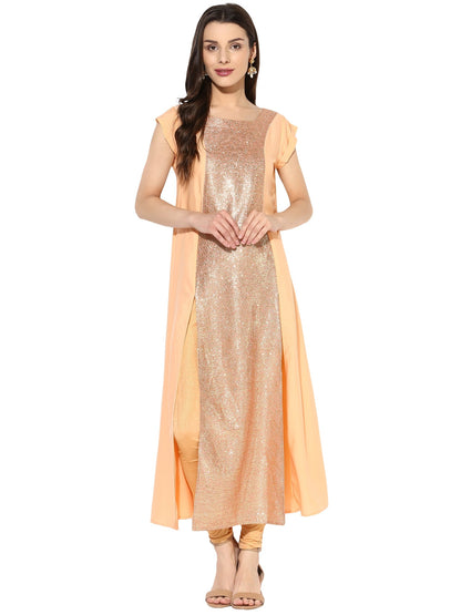Women's Peach Partywear Faux Crepe Princess Cut A-Line Only Kurta