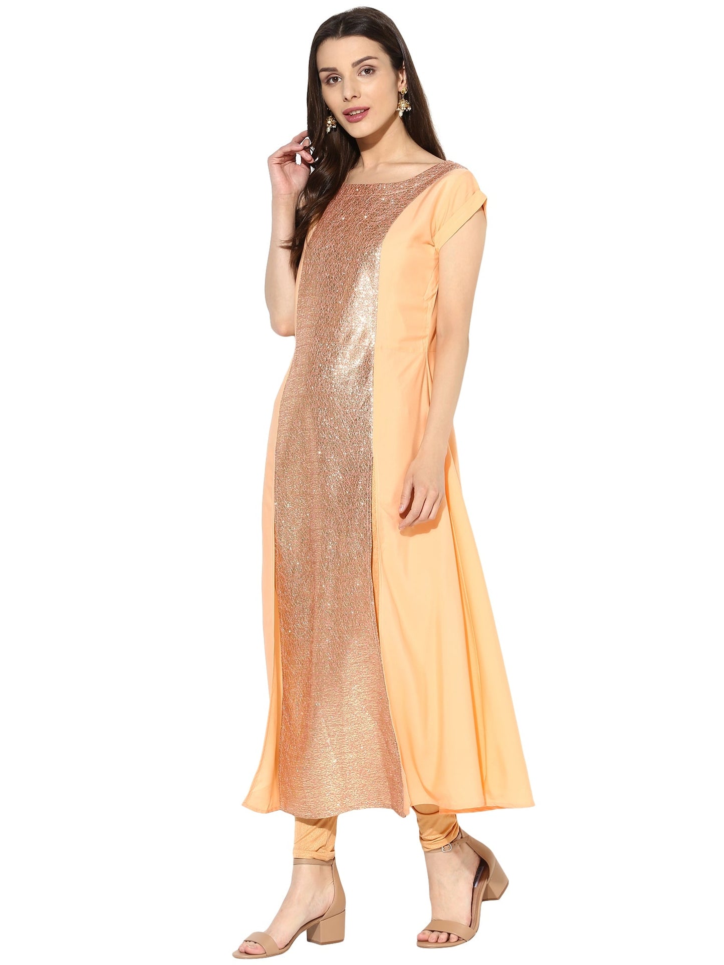 Women's Peach Partywear Faux Crepe Princess Cut A-Line Only Kurta