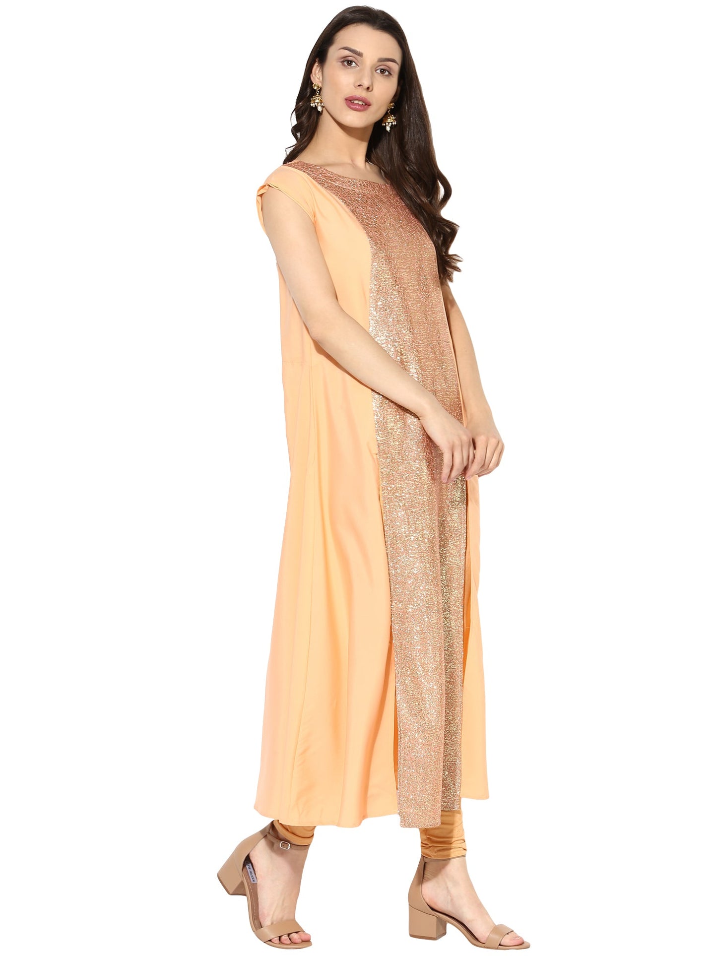 Women's Peach Partywear Faux Crepe Princess Cut A-Line Only Kurta